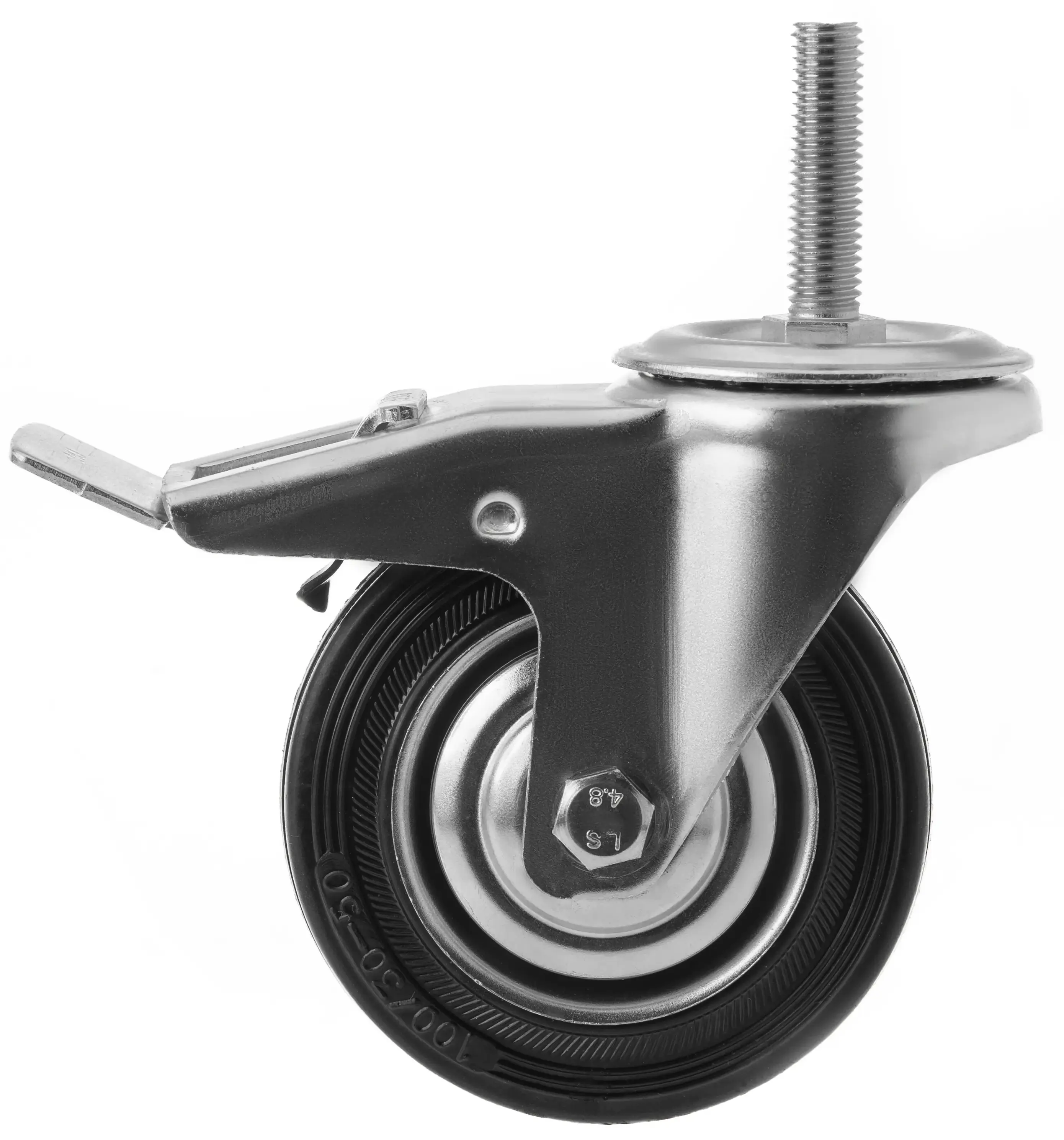 Промышленное колесо, диаметр 100мм, болтовое крепление, поворотная опора, тормоз, черная резина, роликовый подшипник - SCtb 42